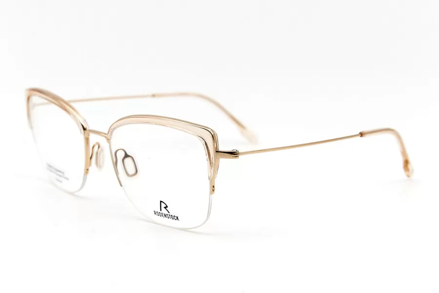 Женская оправа Rodenstock полуободковая из прозрачного бронзового пластика с дужками из золотого металла