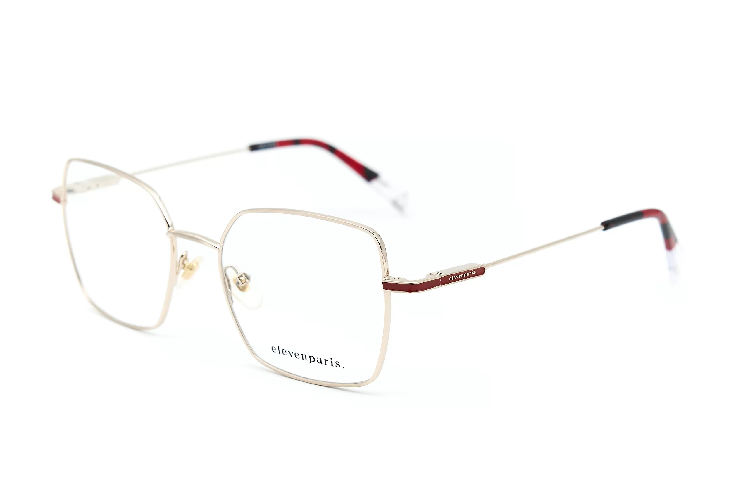 Женская оправа ElevenParis из золотого металла с элементами розовой бордовой эмали и логотипом на дужке