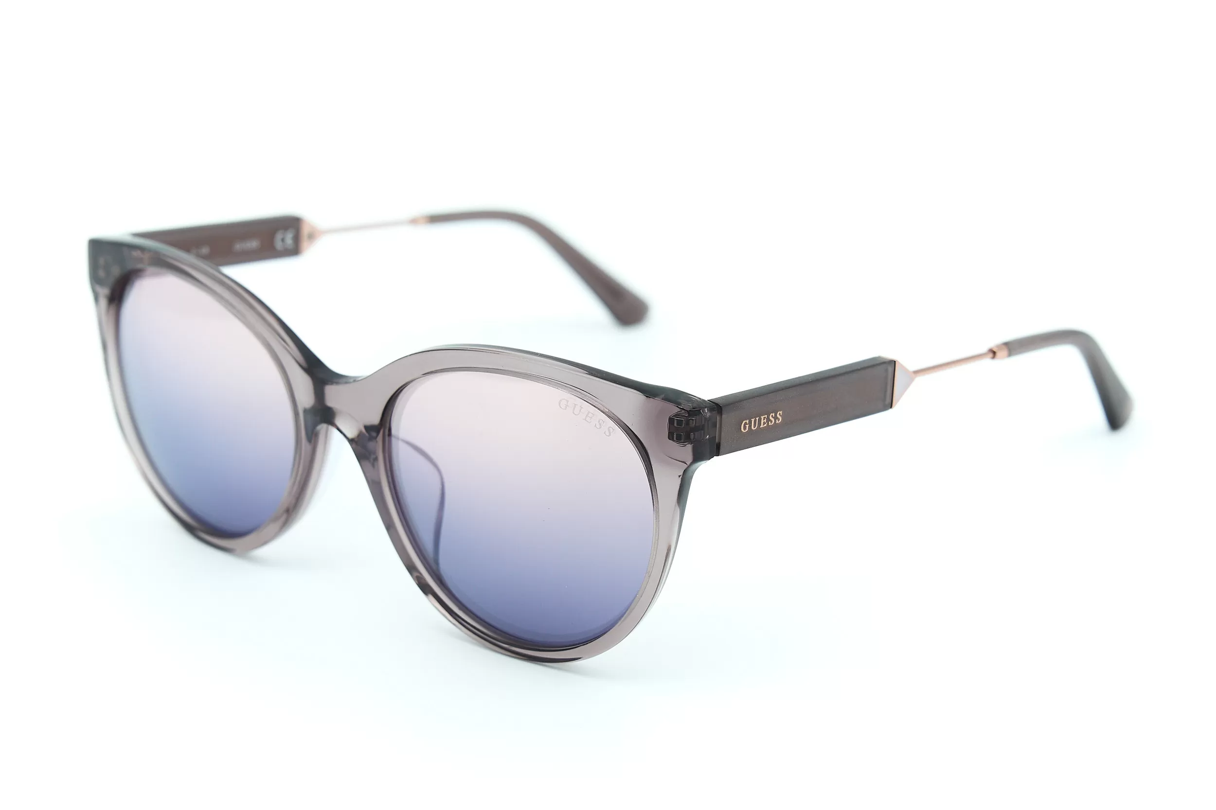 Женские солнцезащитные очки GUESS из коричневого и серого полупрозрачного ацетата с светло-фиолетовыми стеклами