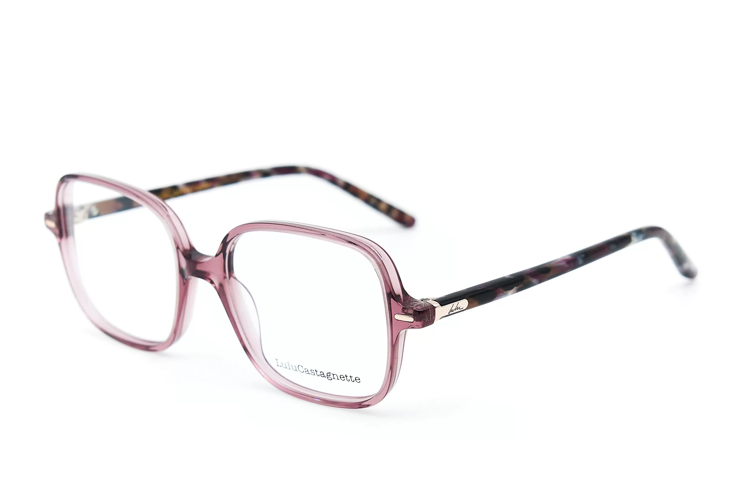 Женская оправа LuLuCastagnette из полупрозрачного розового ацетата с логотипом на заушниках