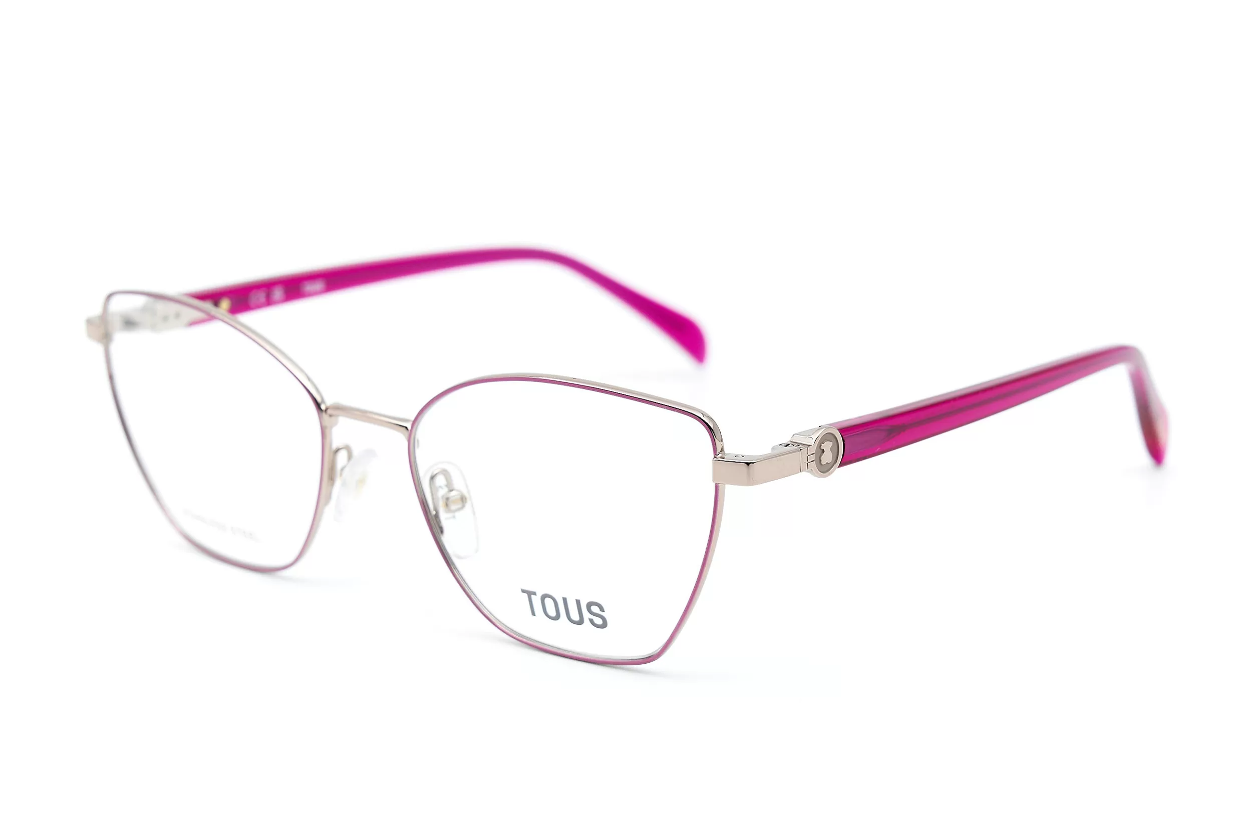 Женская оправа TOUS VTO462 COL 0E59 из окрашенного металла с розовыми дужками и фирменным логотиипом-мишкой