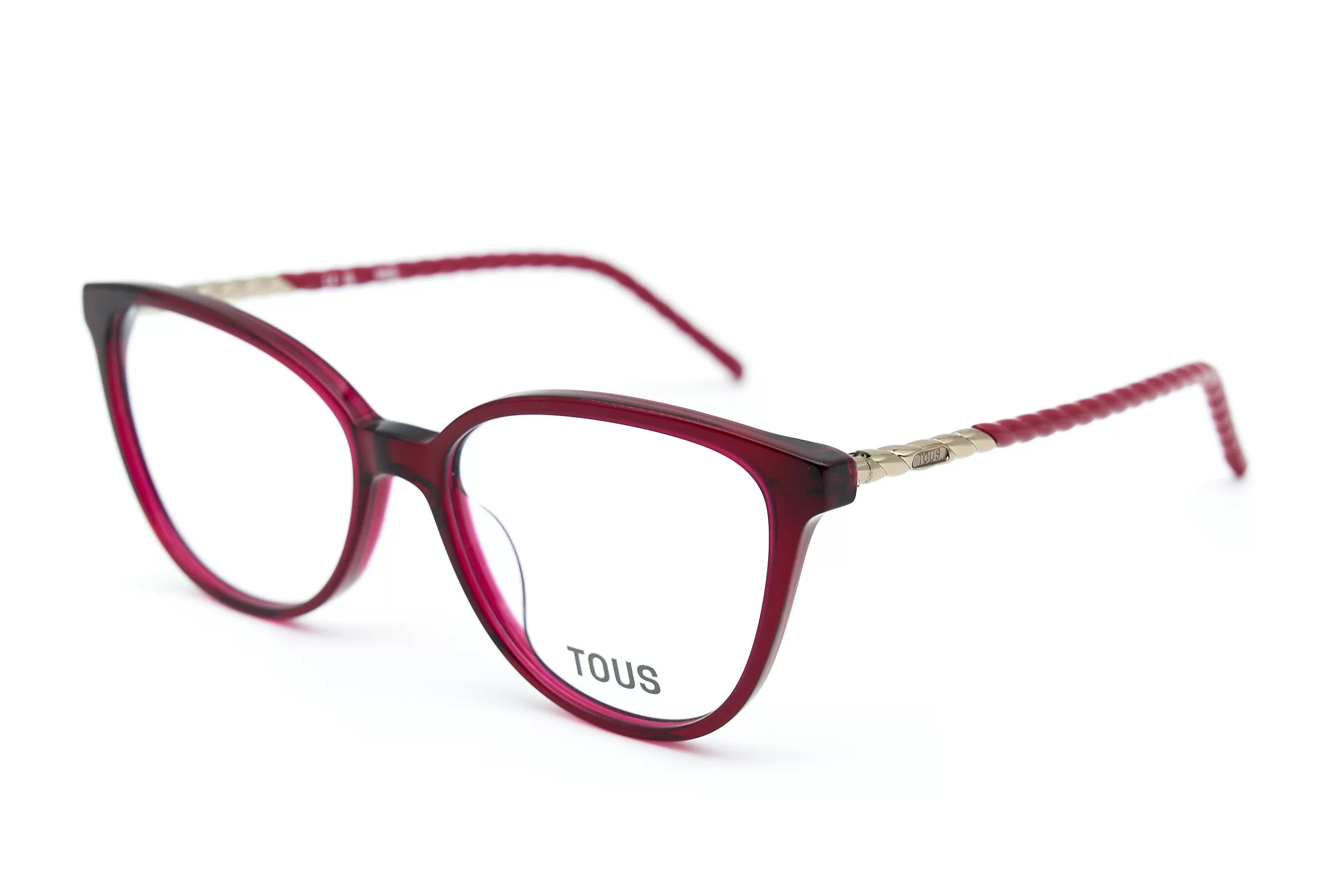 Женская оправа TOUS из бордового ацетата с декоративной дужкой и фирменным логотипом