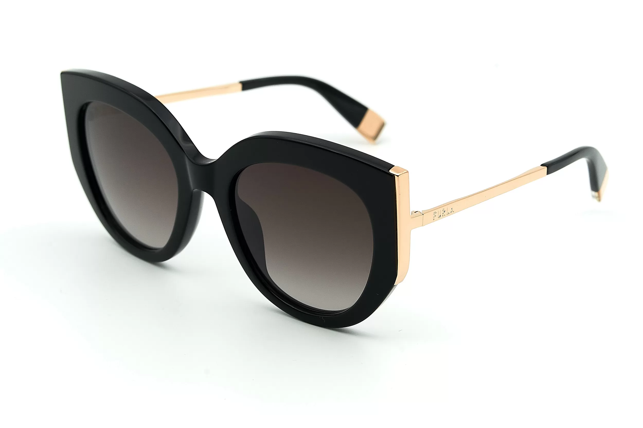 Солнцезащитные очки FURLA в крупной черной оправе из черного ацетата с темно-серыми стеклами с градиентом и золотыми заушниками с логотипом