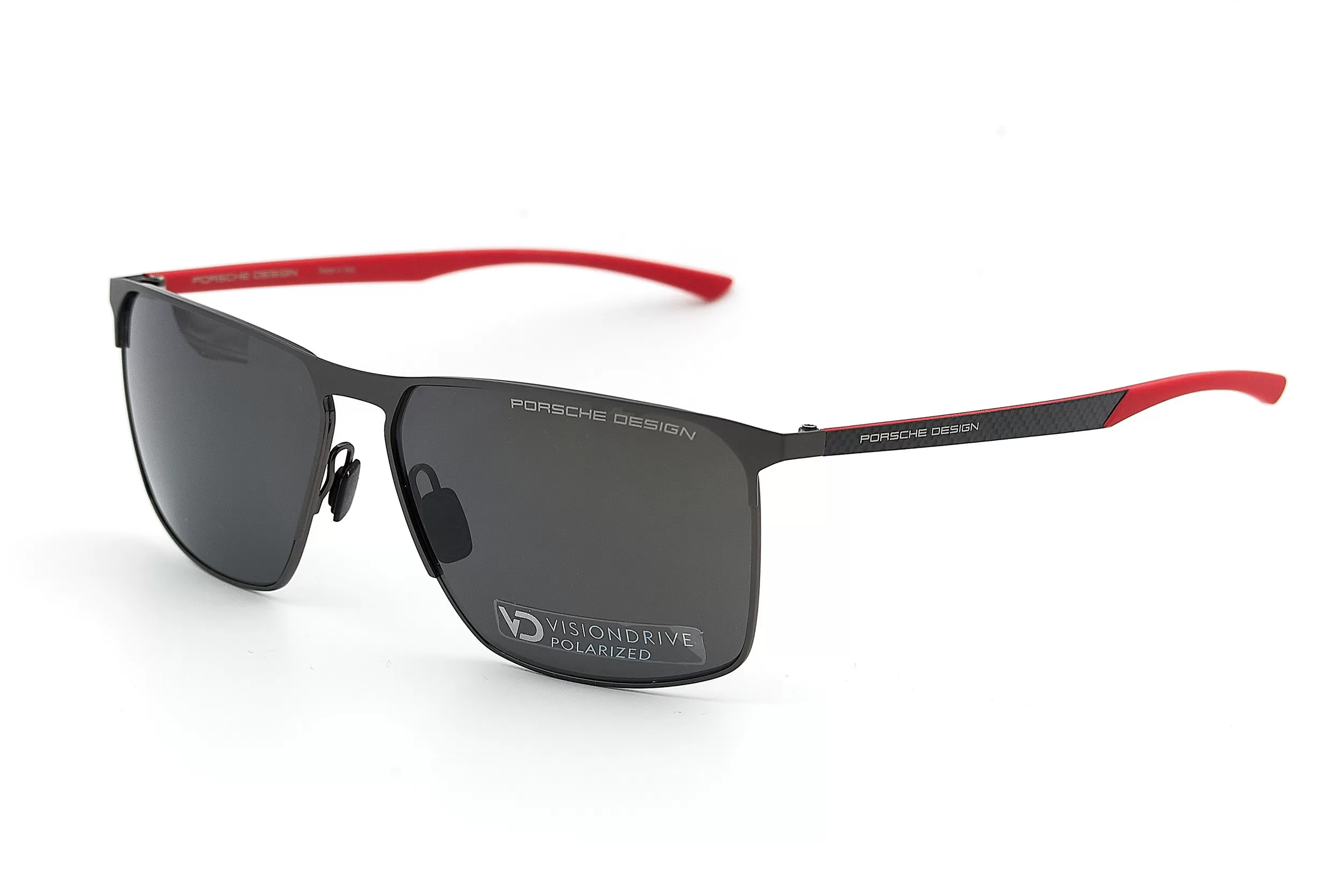 Солнцезащитные очки Porsche Design с двухсторонней поляризацией в оправе из темно-серого металла с акцентными красными заушниками