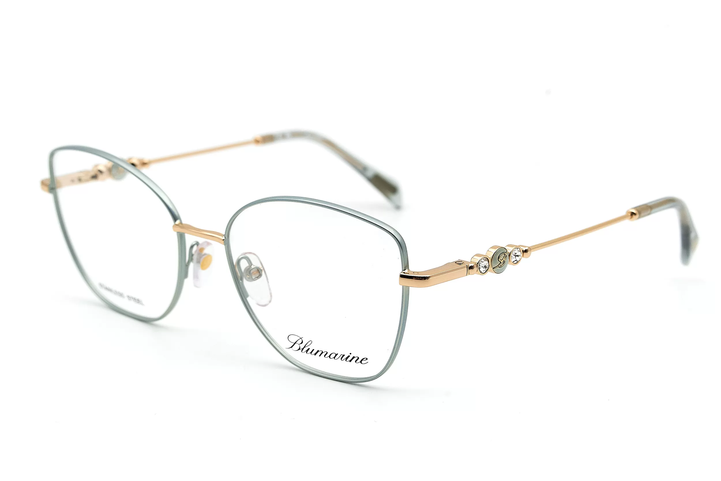 Оправа для очков Blumarine из металла нежно мятного и золотого цвета с декоративными элементами в виде того и кристаллов на дужке