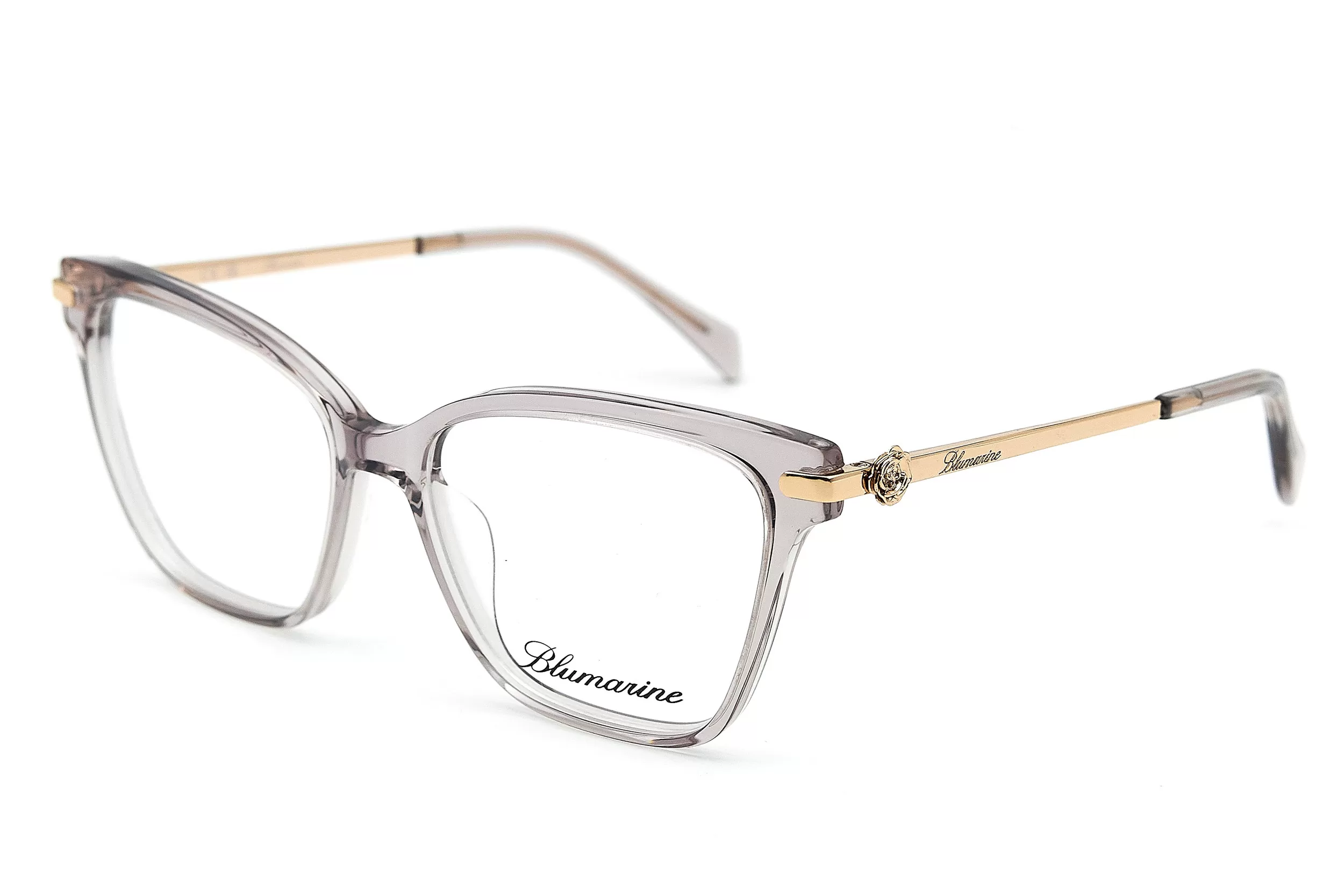 Оправа для очков Blumarine из полупрозрачного ацетата серого цвета и элементами из желтого золота на заушнике