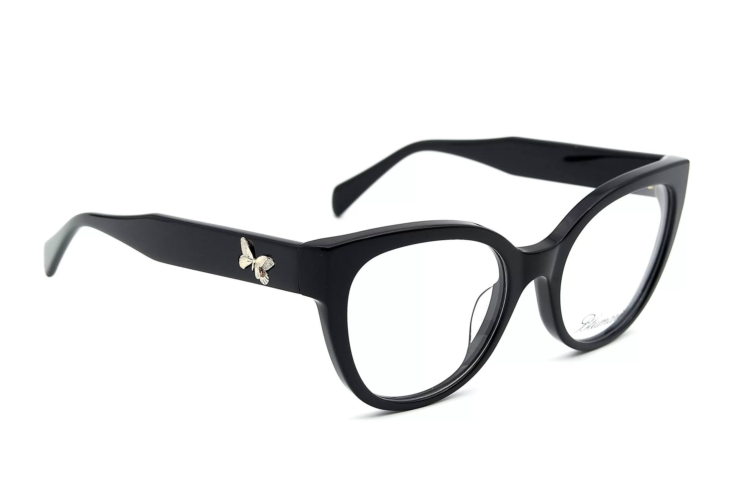 Оправа для очков Blumarine из ацетата черного цвета с лаконичным логотипом и мотыльком из металла на заушнике